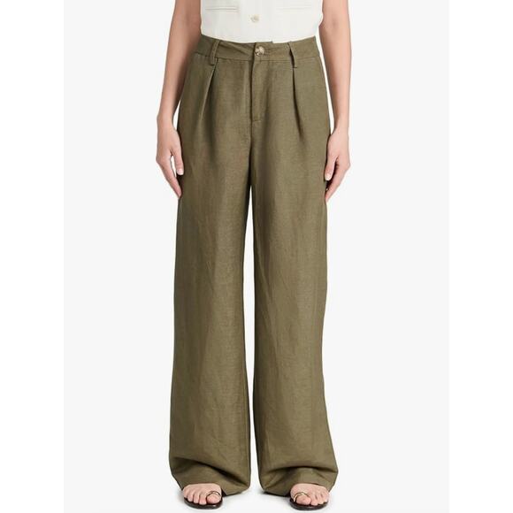 NWT PAIGE Dallas Linen Blend Wide Leg Pants Pleated Trousers High Rise Green 14 - Picture 1 of 16